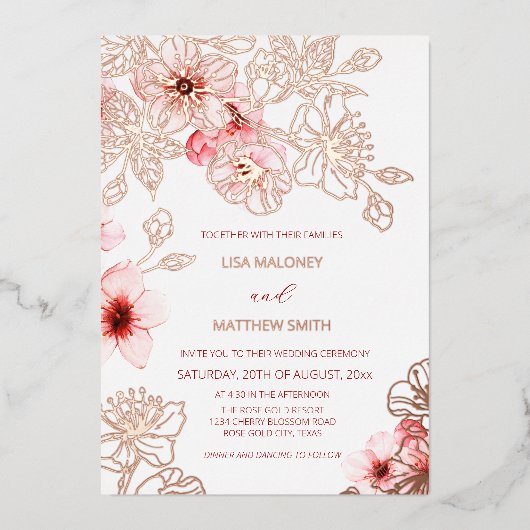 Rose Gold Pink Cherry Blossom | Photo Wedding Folie Uitnodiging (Voorkant)