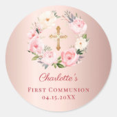 Rose gold pink floral wreath First Communion Ronde Sticker (Voorkant)