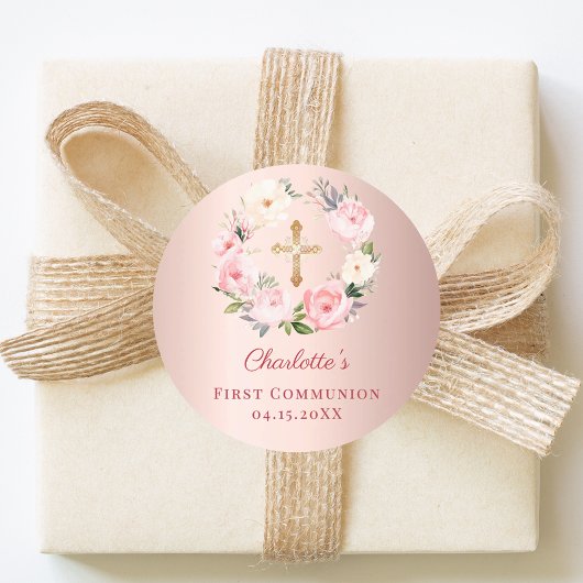 Rose gold pink floral wreath First Communion Ronde Sticker