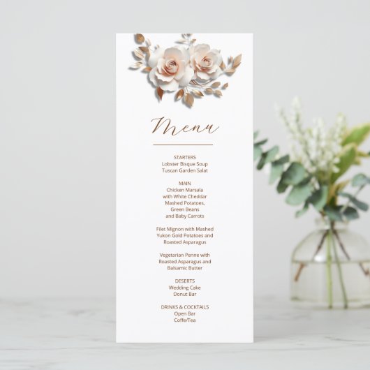 Rose Gold Roses Sculptural 3D Flower Wedding Menu (Staand voorkant)