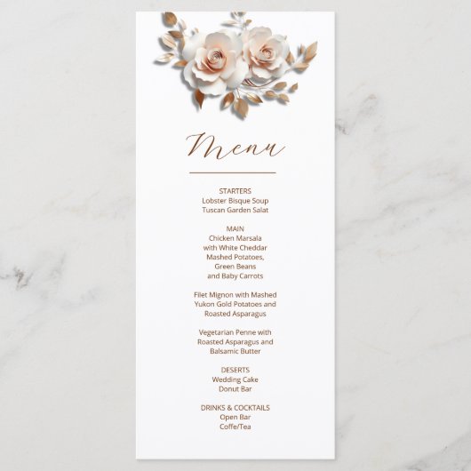 Rose Gold Roses Sculptural 3D Flower Wedding Menu (Voorkant)