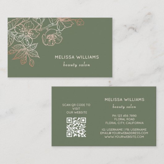 Rose Gold Sage Green Line Art Floral  | QR Code Visitekaartje (Voorkant / Achterkant)