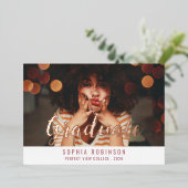 Rose Gold Script Foto 2026 Afstudeerfeest Folie Uitnodiging (Staand Voorkant)