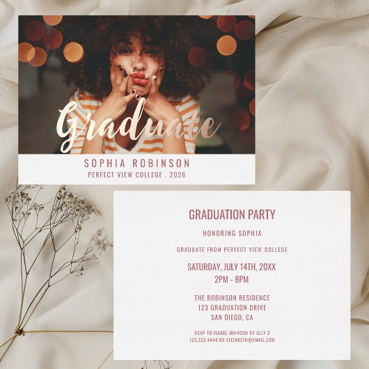Rose Gold Script Foto 2026 Afstudeerfeest Folie Uitnodiging