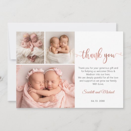 Rose Gold Script Girl Twins Babies 3 Photo Collage Bedankkaart (Voorkant)