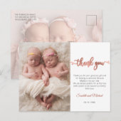 Rose Gold Script Girl Twins Baby Photo Thank You  Briefkaart (Voorkant / Achterkant)