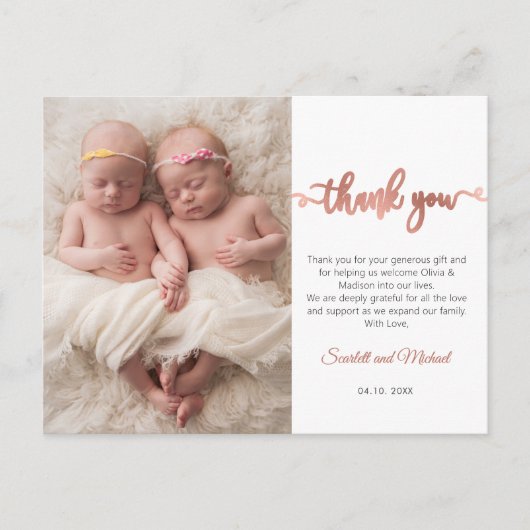 Rose Gold Script Girl Twins Baby Photo Thank You  Briefkaart (Voorkant)
