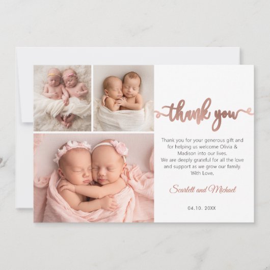 Rose Gold Script Meisjes Tweeling Baby's 3 Foto Co Bedankkaart (Voorkant)