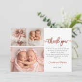 Rose Gold Script Meisjes Tweeling Baby's 3 Foto Co Bedankkaart (Staand voorkant)