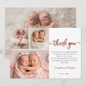 Rose Gold Script Meisjes Tweeling Baby's 3 Foto Co Bedankkaart (Voorkant / Achterkant)