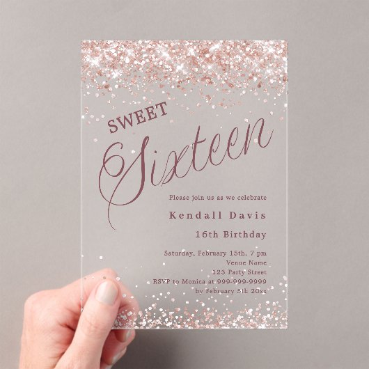 Rose gold script modern Sweet 16 clear Acryl Uitnodigingen (Insitu (Draagbaar))