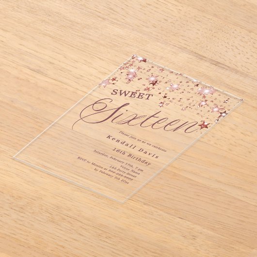 Rose gold script stars modern Sweet 16 clear Acryl Uitnodigingen (Laagn)