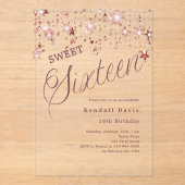 Rose gold script stars modern Sweet 16 clear Acryl Uitnodigingen (Voorkant)