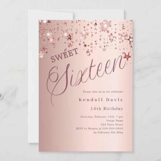 Rose gold script stars modern Sweet 16 Kaart (Voorkant)