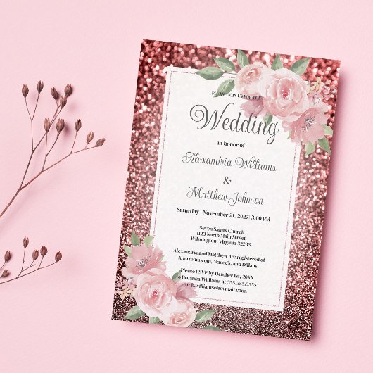 Rose gold silver glitter pink floral Wedding  Kaart