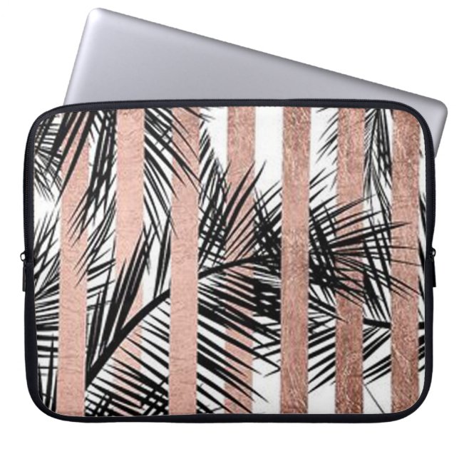 Rose Gold Stripes and Tropical Leafs Laptop Sleeve (Voorkant)