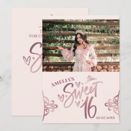 Rose Gold Sweet 16 Thank you card Template Kaart