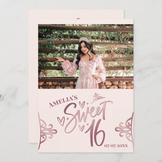 Rose Gold Sweet 16 Thank you card Template Kaart (Voorkant / Achterkant)