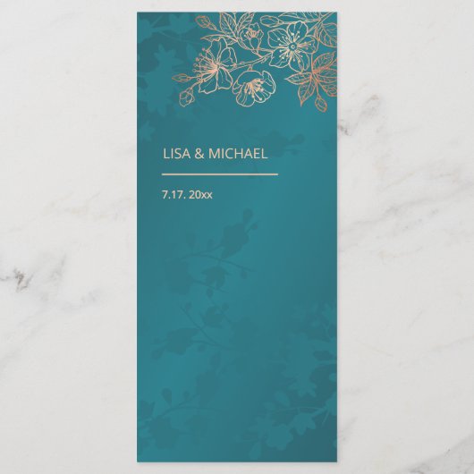 Rose Gold Teal Floral Line Art Wedding Menu (Achterkant)