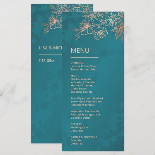 Rose Gold Teal Floral Line Art Wedding Menu (Voorkant / Achterkant)