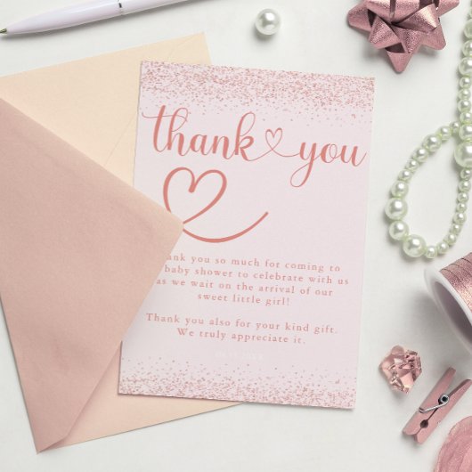 Rose Gold Thank You Confetti Heart Script Bedankkaart
