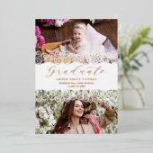 Rose Gold Then & Now Chic Lace Romantic Graduate Folie Uitnodiging (Staand Voorkant)