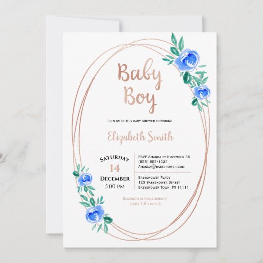 Rose gold Watercolor rose Baby boy Kaart (Voorkant)