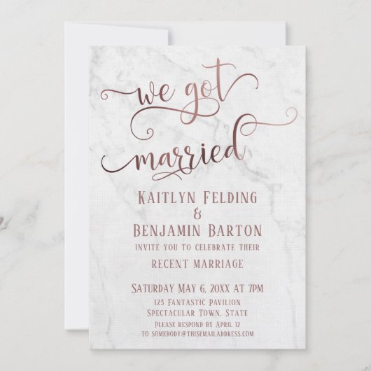 Rose Gold "We Got Married" Typografie met Marmer Kaart (Voorkant)