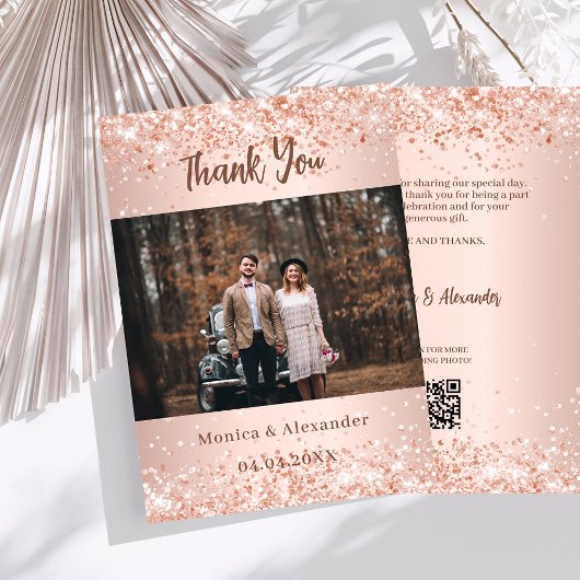 Rose gold wedding photo QR code thank you card Kaart