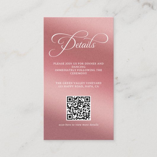 Rose Gold Wedding Reception QR Code Informatiekaartje (Voorkant)