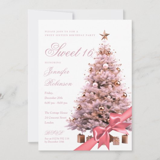 Rose Gold Winter Wonderland Bow Sweet 16 Birthday Kaart (Voorkant)