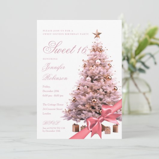 Rose Gold Winter Wonderland Bow Sweet 16 Birthday  Kaart (Staand voorkant)