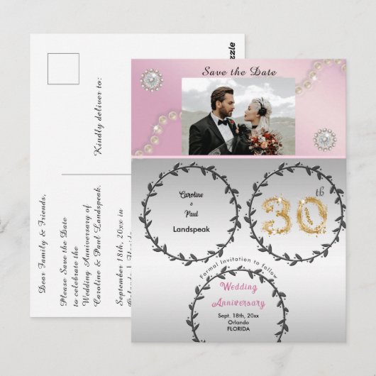 Rose Goud & 30e Parels Jubileum Save the Date Briefkaart (Voorkant / Achterkant)