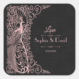 Rose Goud Art Deco Pauwen Bruiloft Vierkante Sticker
