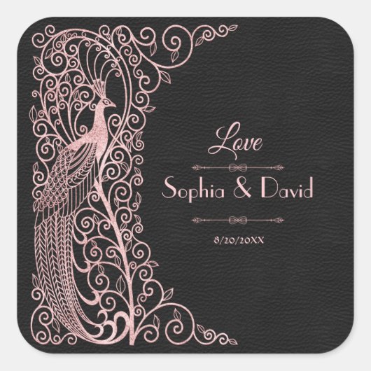 Rose Goud Art Deco Pauwen Bruiloft Vierkante Sticker (Voorkant)