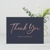 Rose Goud Blau Elegante Script Modern  Bedankkaart (Staand voorkant)
