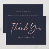 Rose Goud Blau Elegante Script Modern  Bedankkaart (Voorkant / Achterkant)