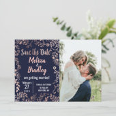 Rose Goud Bloemig Navy Blauwe Borstel Script Bewaa Kaart (Staand voorkant)