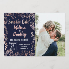 Rose Goud Bloemig Navy Blauwe Borstel Script Bewaa Kaart