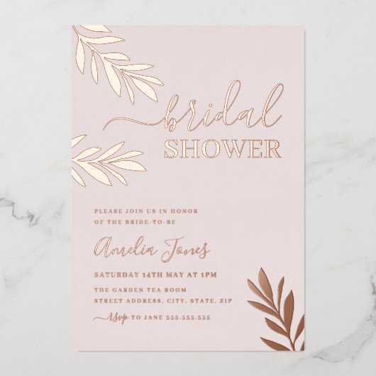 Rose Goud Boho Blad Bruidsdouche Folie Uitnodiging (Voorkant)