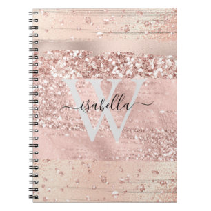 Rose Goud Borstelstrepen Glitter Monogram Nee Notitieboek