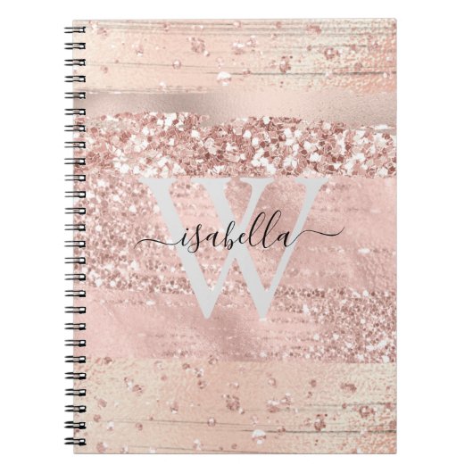 Rose Goud Borstelstrepen Glitter Monogram Nee Notitieboek (Voorkant)