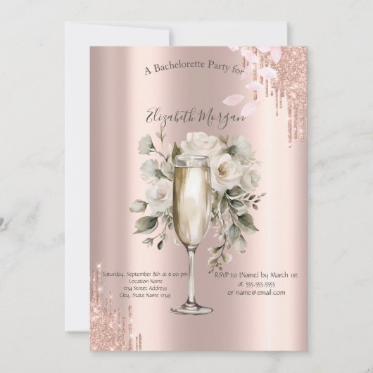 Rose Goud Drips Bloem Wijn Glas Bachelorette Kaart (Voorkant)