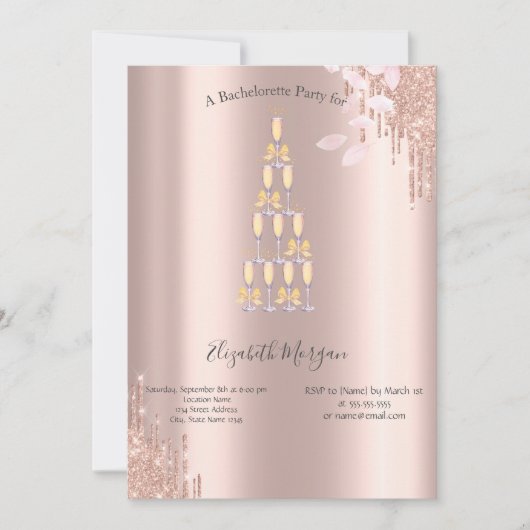 Rose Goud Drips Champagneglas Bachelorette Kaart (Voorkant)