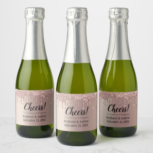 Rose Goud Druppelende Glitter Bruiloft Mini Sparkling Wijnetiket (Flessen)