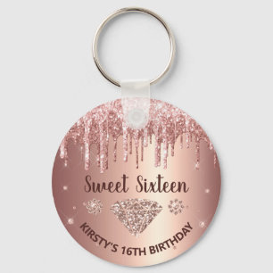 Rose Goud Druppelende Glitter & Diamant Sweet 16  Sleutelhanger