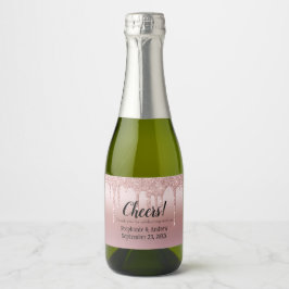 Rose Goud Druppelende Glitter Trouw Mini Sparkling Wijnetiket