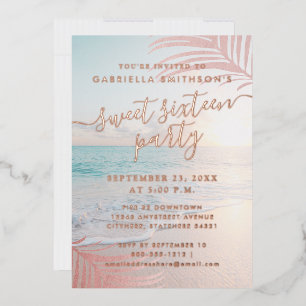 Rose Goud Echt Folie Strand Sweet 16 Verjaardag Fo Uitnodiging