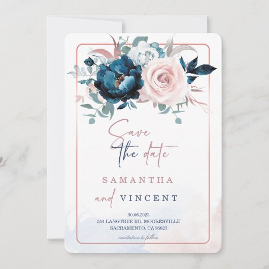 Rose Goud en Navy Blauwe Save the Date Sjabloon Kaart (Voorkant)