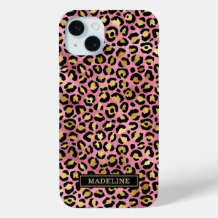 Rose Goud Folie Luipaardprint Monogram iPhone 15 Mini Hoesje